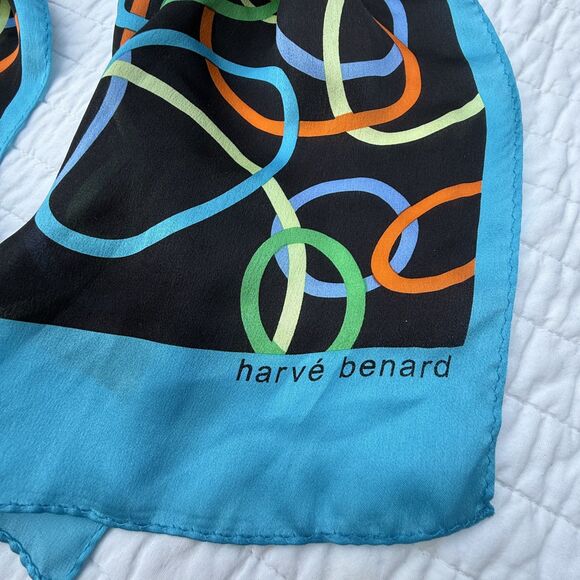 Vintage Long 100% Silk Geometric, Abstract Scarf | Aqua, Black & Ivory - Picture 9 of 10